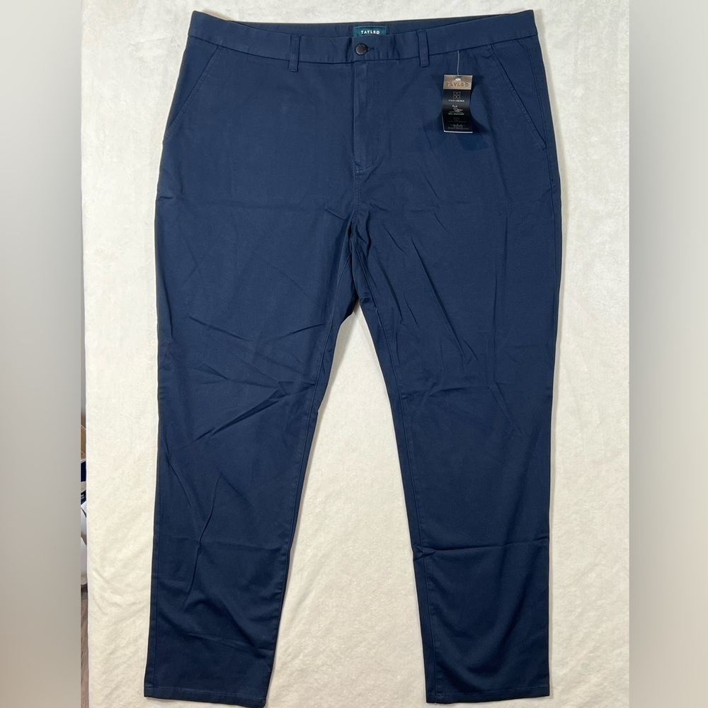 NWT TAYLRD 44W 32L Classic Navy Chino Pants Stretch Cotton Spill Resistant
